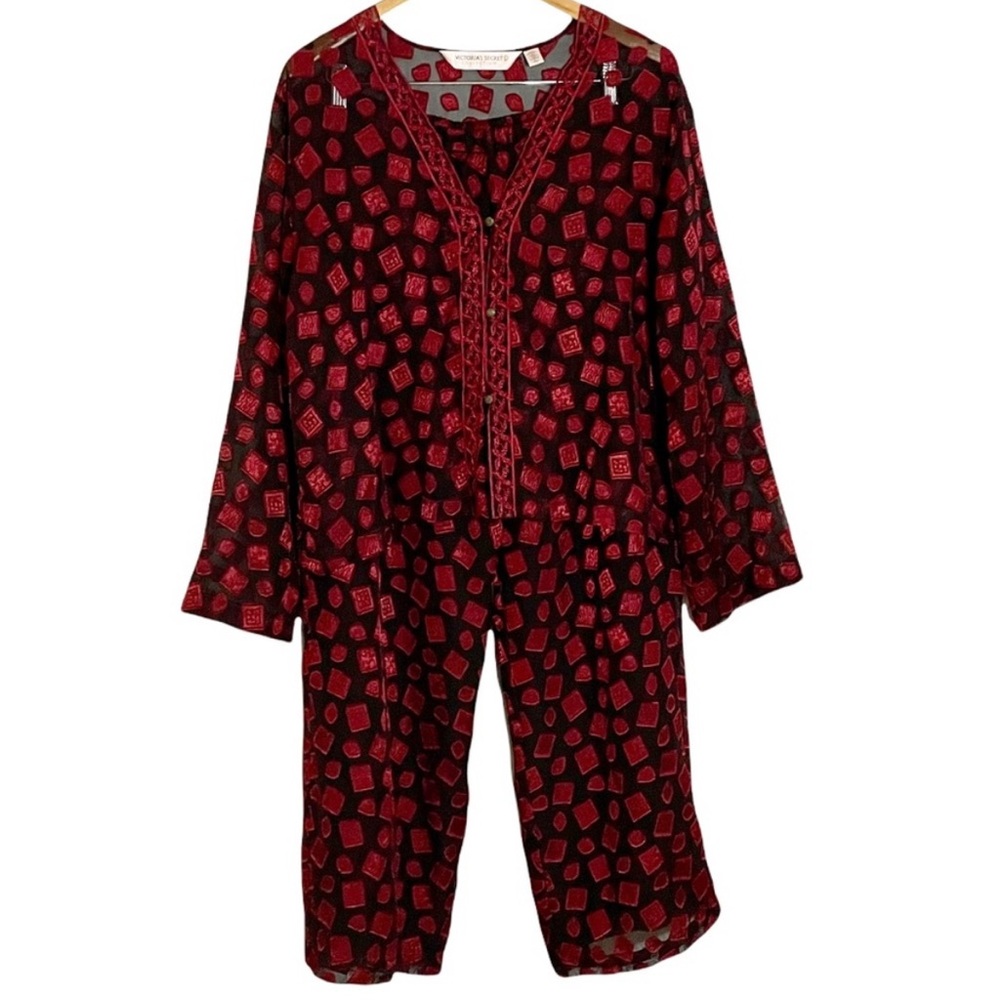 Vintage 1995 Victoria’s Secret Collection Pajama Set Loungewear Black Red Sheer
